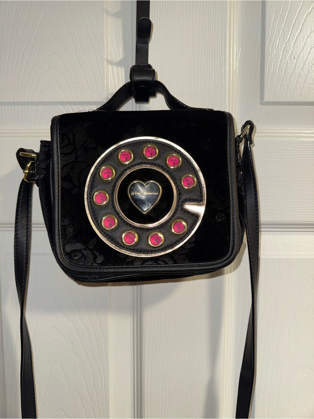Betsey Johnson Black Crossbody Bag with Pink Dial Accents
